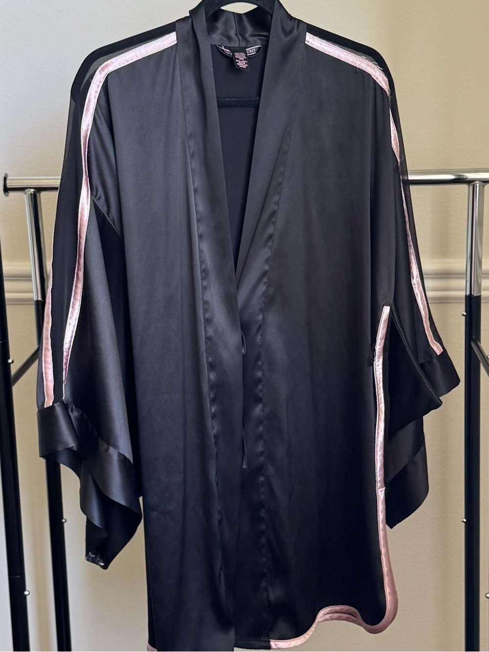 Victorias Secret Kimono Sleeve Satin Robe XS/S Pink and Sheer Trim Black
